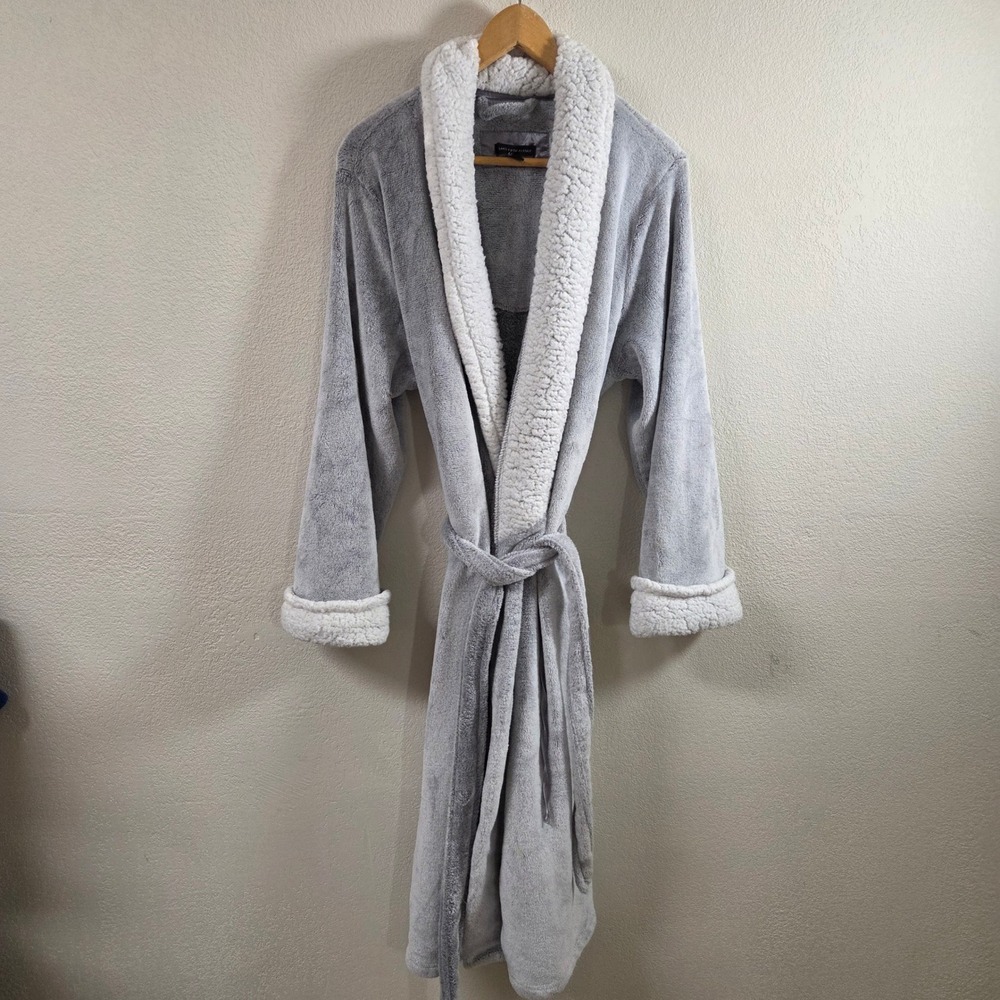 Saks Fifth Avenue Gray Plush Sherpa Lined Shawl Collar Robe Large L